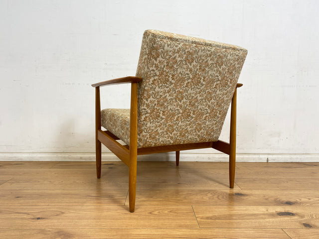 WMK 1/3 Stilvoller und gut erhaltener Mid-Century Sessel mit Originalbezug mit Blumenmuster und edlem Holzgestell # Sessel Loungesessel Lesesessel Relaxsessel Mid-Century Wohnzimmer 60er Vintage Retro