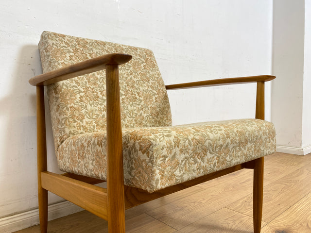 WMK 1/3 Stilvoller und gut erhaltener Mid-Century Sessel mit Originalbezug mit Blumenmuster und edlem Holzgestell # Sessel Loungesessel Lesesessel Relaxsessel Mid-Century Wohnzimmer 60er Vintage Retro