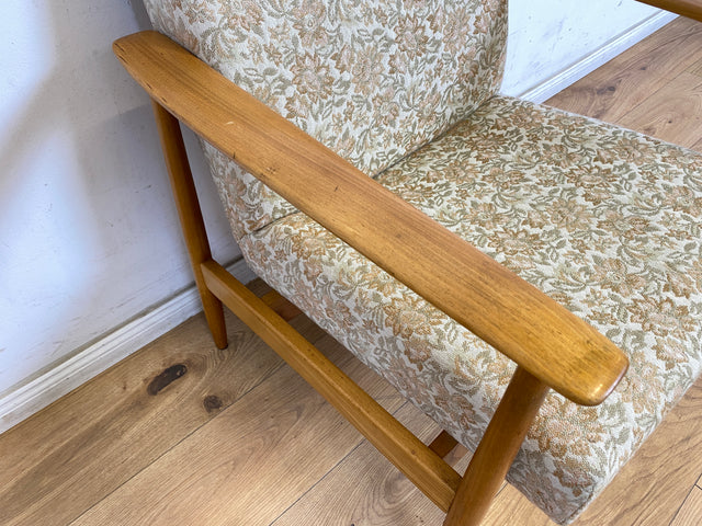 WMK 1/3 Stilvoller und gut erhaltener Mid-Century Sessel mit Originalbezug mit Blumenmuster und edlem Holzgestell # Sessel Loungesessel Lesesessel Relaxsessel Mid-Century Wohnzimmer 60er Vintage Retro