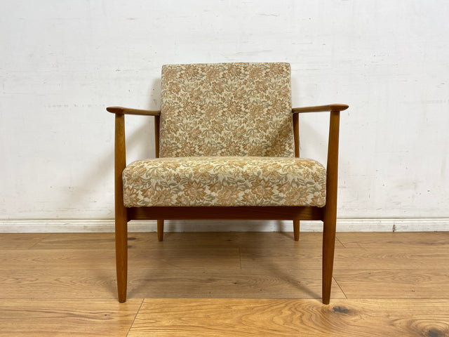 WMK 1/3 Stilvoller und gut erhaltener Mid-Century Sessel mit Originalbezug mit Blumenmuster und edlem Holzgestell # Sessel Loungesessel Lesesessel Relaxsessel Mid-Century Wohnzimmer 60er Vintage Retro
