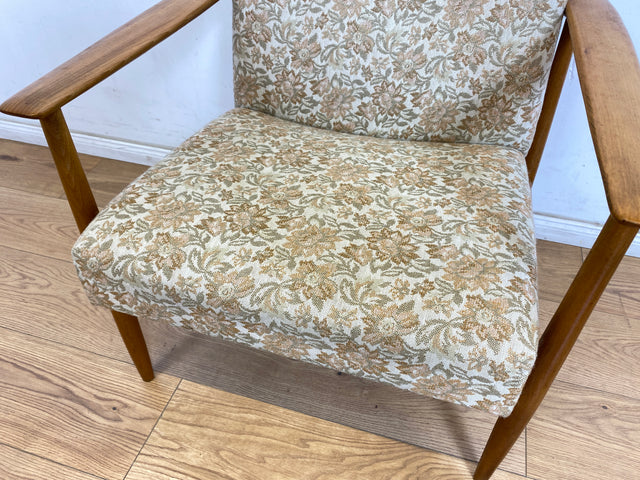 WMK 1/3 Stilvoller und gut erhaltener Mid-Century Sessel mit Originalbezug mit Blumenmuster und edlem Holzgestell # Sessel Loungesessel Lesesessel Relaxsessel Mid-Century Wohnzimmer 60er Vintage Retro