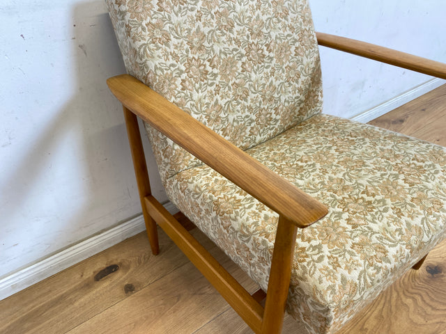 WMK 1/3 Stilvoller und gut erhaltener Mid-Century Sessel mit Originalbezug mit Blumenmuster und edlem Holzgestell # Sessel Loungesessel Lesesessel Relaxsessel Mid-Century Wohnzimmer 60er Vintage Retro