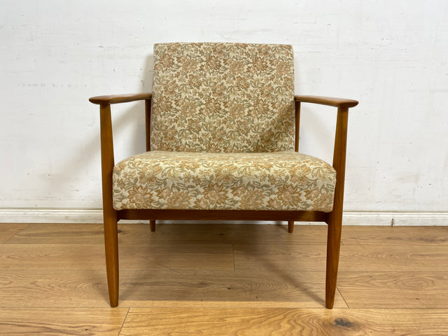 WMK 1/3 Stilvoller und gut erhaltener Mid-Century Sessel mit Originalbezug mit Blumenmuster und edlem Holzgestell # Sessel Loungesessel Lesesessel Relaxsessel Mid-Century Wohnzimmer 60er Vintage Retro