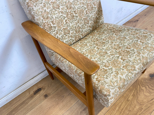 WMK 1/3 Stilvoller und gut erhaltener Mid-Century Sessel mit Originalbezug mit Blumenmuster und edlem Holzgestell # Sessel Loungesessel Lesesessel Relaxsessel Mid-Century Wohnzimmer 60er Vintage Retro
