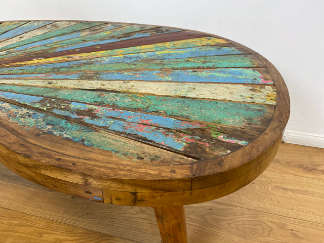 Bootwood by WMK I Einzigartiger formschöne Nierentisch mit bunter Patchwork Tischplatte I handgefertigtes Unikat aus altem Bootsholz l Teakholz massiv I Couchtisch Coffee Table Berlin Köln NRW Bayern