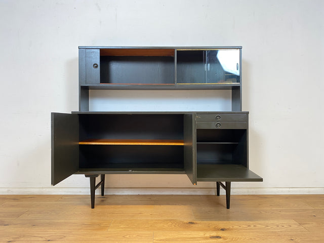WMK Stilvolles schwarz lackiertes skandinavisches 60er Jahre Highboard mit Vitrinen Aufsatz , Schubladen & Rollladen Tür # Anrichte Sideboard Küchenschrank Geschirrschrank Danish Design Vintage 50er