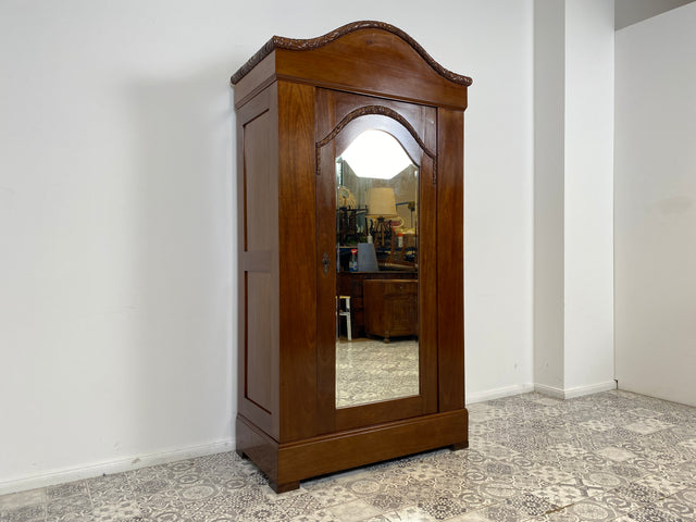 WMK Wunderschöner und gut erhaltener antiker Kleiderschrank aus vollem Holz mit Spiegel & feinen Holzschnitzereien # Schrank Dielenschrank Vertiko Wardrobe Garderobe Wäscheschrank Jugendstil Vintage
