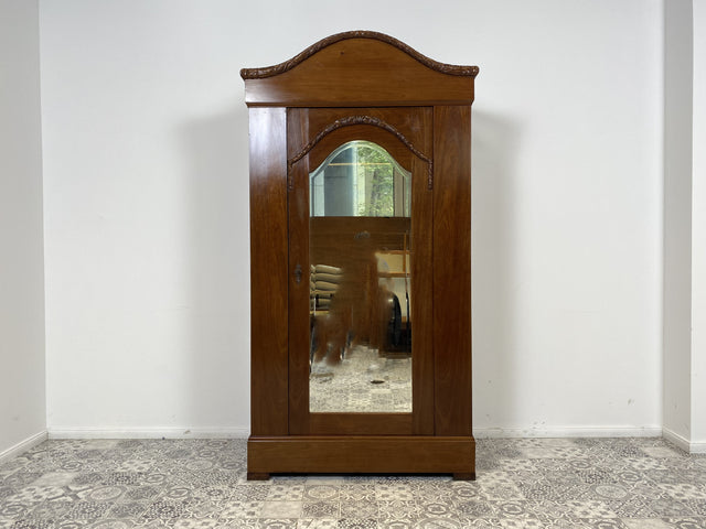 WMK Wunderschöner und gut erhaltener antiker Kleiderschrank aus vollem Holz mit Spiegel & feinen Holzschnitzereien # Schrank Dielenschrank Vertiko Wardrobe Garderobe Wäscheschrank Jugendstil Vintage