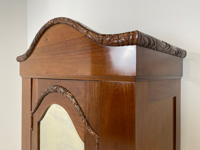 WMK Wunderschöner und gut erhaltener antiker Kleiderschrank aus vollem Holz mit Spiegel & feinen Holzschnitzereien # Schrank Dielenschrank Vertiko Wardrobe Garderobe Wäscheschrank Jugendstil Vintage