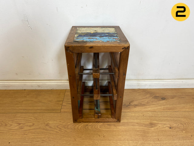 Boatwood by WMK # 1/3 Einzigartiges Weinregal für 6 Flaschen aus altem Bootsholz, ein handgefertigtes Unikat aus massivem Teakholz # Weinkiste Flaschenregal Beistelltisch Ablage Hocker Blumentisch Weinrack Teak