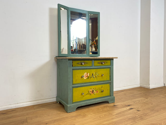 WMK Besonders schöne antike Spiegelkommode aus vollem Holz mit Marmorplatte und floraler Handbemalung # Schminkkommode Frisierkommode Marmorkommode Schubladenkommode Wäschekommode Jugendstil Vintage