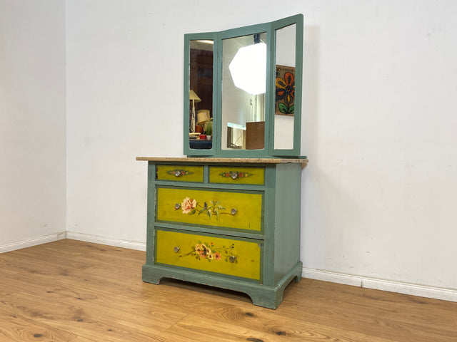 WMK Besonders schöne antike Spiegelkommode aus vollem Holz mit Marmorplatte und floraler Handbemalung # Schminkkommode Frisierkommode Marmorkommode Schubladenkommode Wäschekommode Jugendstil Vintage