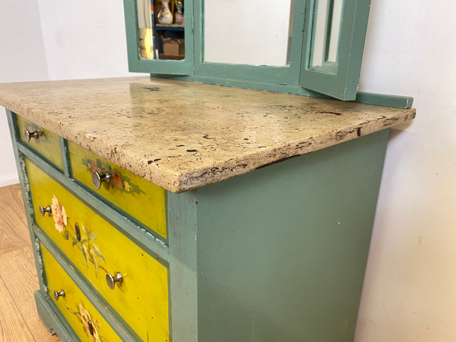 WMK Besonders schöne antike Spiegelkommode aus vollem Holz mit Marmorplatte und floraler Handbemalung # Schminkkommode Frisierkommode Marmorkommode Schubladenkommode Wäschekommode Jugendstil Vintage
