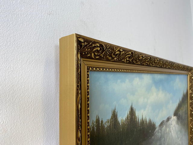 WMK Dynamisches & sehr gut erhaltenes schwedisches Öl auf Leinwand Gemälde, 98x68cm, signiert jedoch nicht zuzuordnen, Holzrahmen in Gold # Bild Wandgemälde Ölgemälde Wasserfall Goldrahmen Vintage