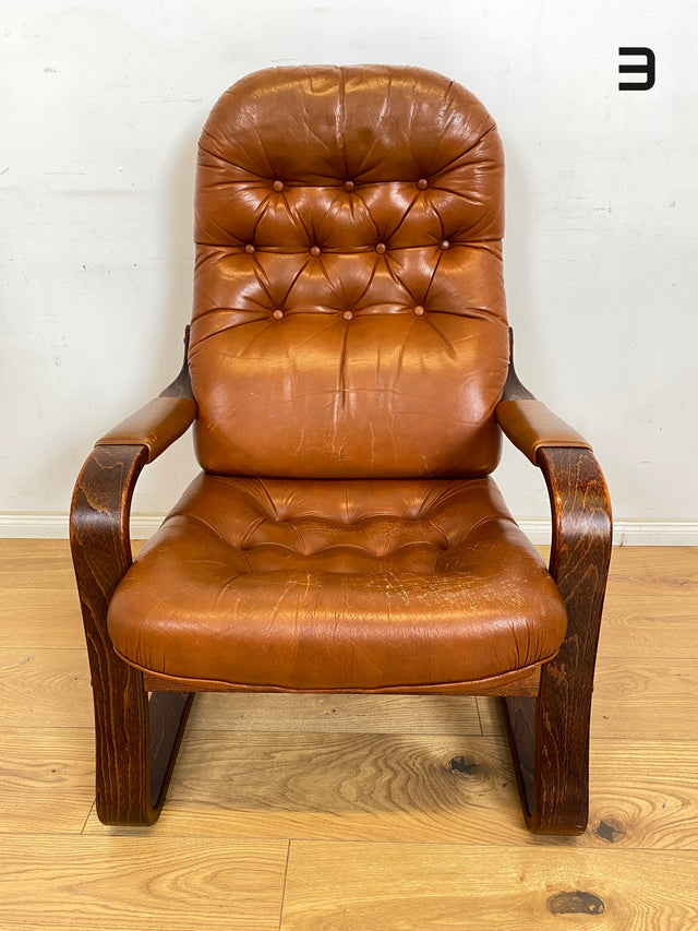 WMK 1/4 Beautifully designed, very comfortable & well-preserved Scandinavian leather armchair with quilted genuine leather # Armchair Reading Chair Relaxation Chair Easy Chair TV Chair Leather Vintage Mid-Century # Unit price