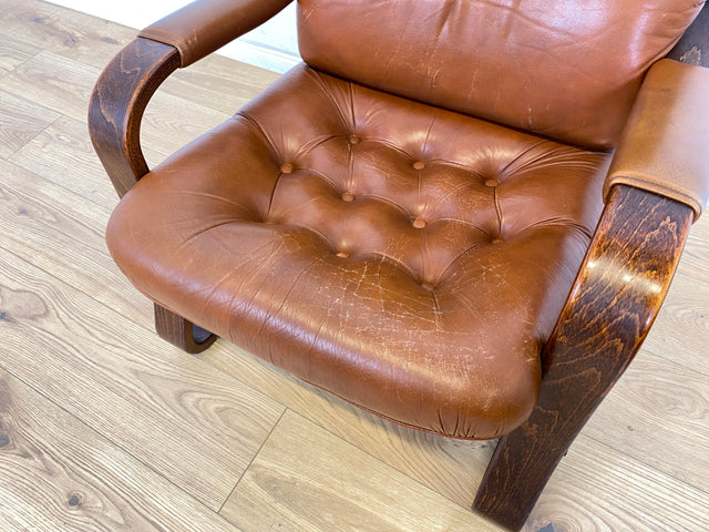 WMK 1/2 Formschöner, sehr bequemer & gut erhaltener skandinavischer Ledersessel mit gestepptem Echtleder # Sessel Lesesessel Relaxsessel Easy Chair Fernsehsessel Leder Vintage Mid-Century # Stückpreis