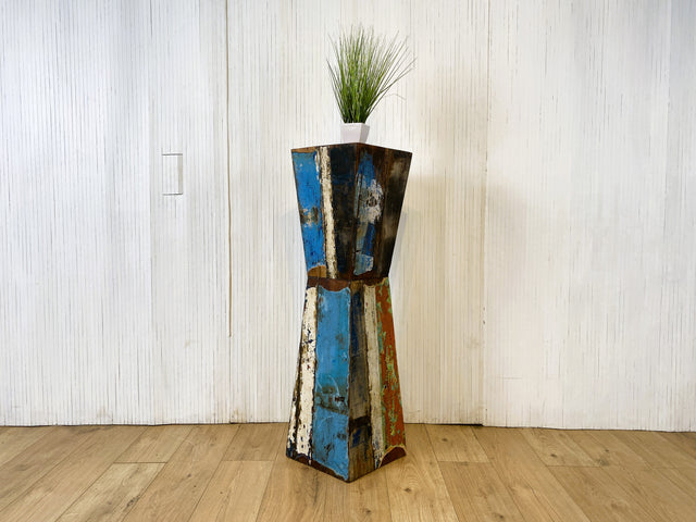 Boatwood by WMK # Formschöne, 110cm Größe Säule aus altem Bootsholz, ein handgefertigtes Unikat aus massivem Teakholz # Beistelltisch Blumenständer Blumentisch Ablage Dekor Abstrakte Kunst Bootsmöbel