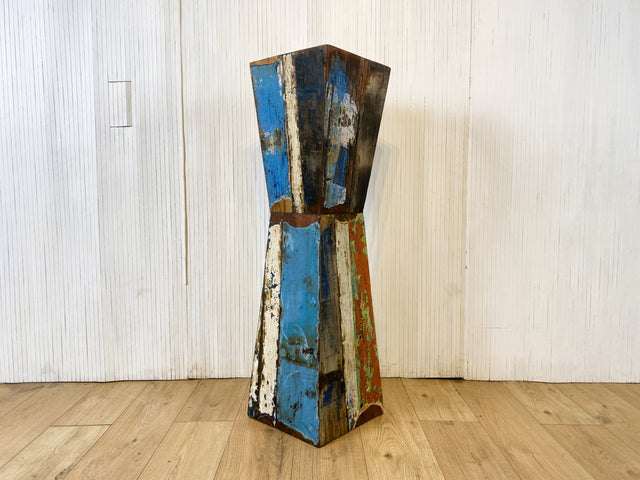Boatwood by WMK # Formschöne, 110cm Größe Säule aus altem Bootsholz, ein handgefertigtes Unikat aus massivem Teakholz # Beistelltisch Blumenständer Blumentisch Ablage Dekor Abstrakte Kunst Bootsmöbel