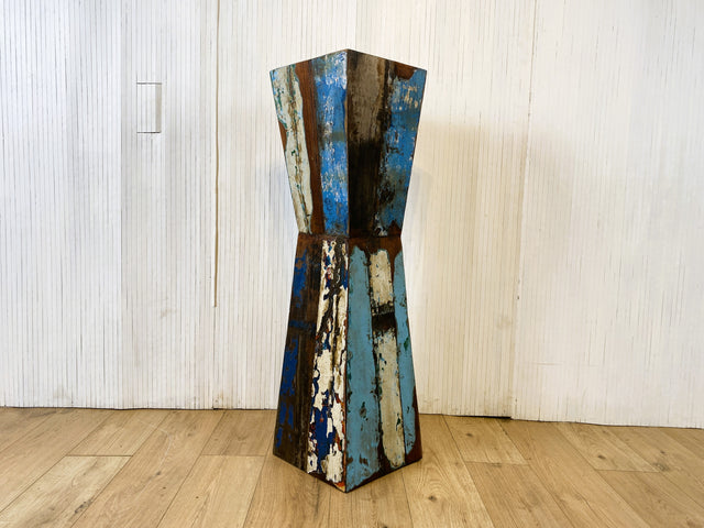 Boatwood by WMK # Formschöne, 110cm Größe Säule aus altem Bootsholz, ein handgefertigtes Unikat aus massivem Teakholz # Beistelltisch Blumenständer Blumentisch Ablage Dekor Abstrakte Kunst Bootsmöbel