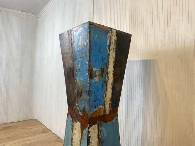 Boatwood by WMK # Formschöne, 110cm Größe Säule aus altem Bootsholz, ein handgefertigtes Unikat aus massivem Teakholz # Beistelltisch Blumenständer Blumentisch Ablage Dekor Abstrakte Kunst Bootsmöbel