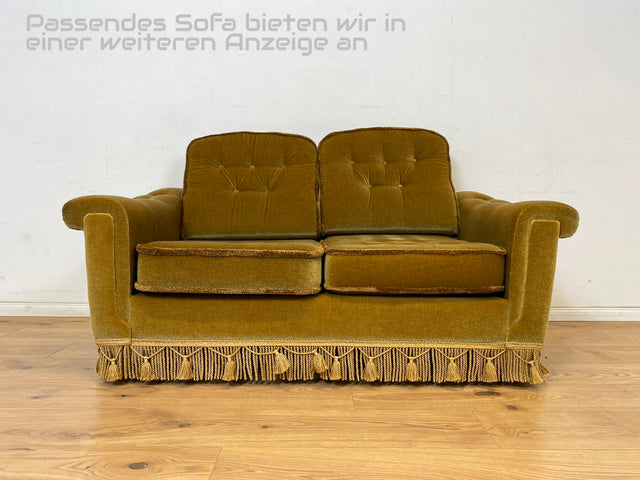 WMK Sehr schöner und äußerst gemütlicher skandinavischer Vintage Sessel mit weichem gestepptem Samtbezug & zeittypischen Fransen # Lesesessel Fernsehsessel Armchair Sitzgarnitur Samt Mid-Century Retro