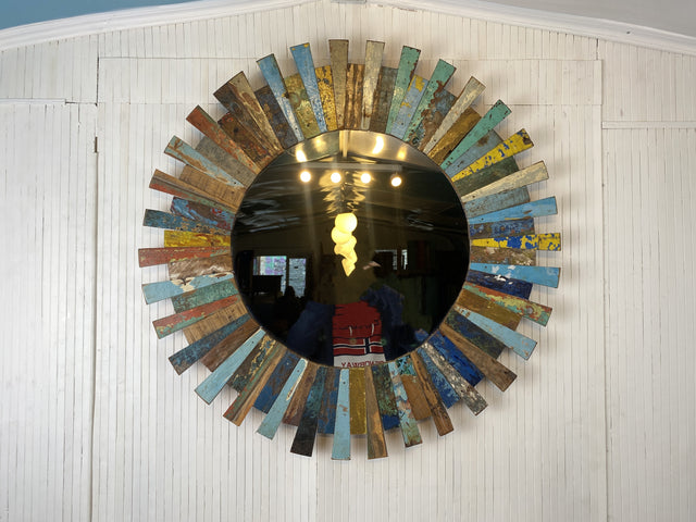 Boatwood by WMK # Wunderschöner Wandspiegel , Patchwork aus altem Bootsholz, ein handgefertigtes Unikat aus massivem Teakholz # bunter Spiegel Badspiegel Bootsmöbel Kunstwerk Industrial Art Upcycling