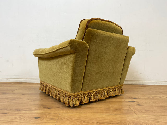 WMK Sehr schöner und äußerst gemütlicher skandinavischer Vintage Sessel mit weichem gestepptem Samtbezug & zeittypischen Fransen # Lesesessel Fernsehsessel Armchair Sitzgarnitur Samt Mid-Century Retro
