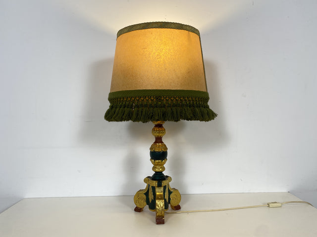 WMK Wunderschöne und gut erhaltene große Vintage Tischlampe mit grün - gold bemaltem Lampenfuß aus Holz und peppigem Lampenschirm # Leselampe Leseleuchte Licht Lampe Wohnzimmerlampe 50er 60er Vintage