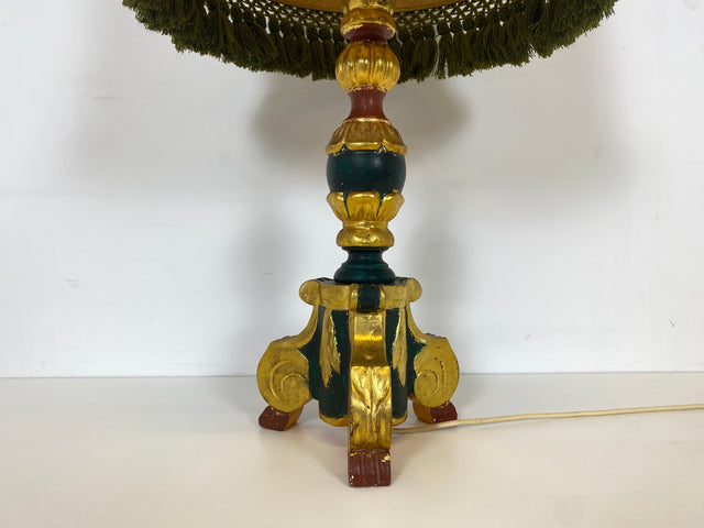 WMK Wunderschöne und gut erhaltene große Vintage Tischlampe mit grün - gold bemaltem Lampenfuß aus Holz und peppigem Lampenschirm # Leselampe Leseleuchte Licht Lampe Wohnzimmerlampe 50er 60er Vintage