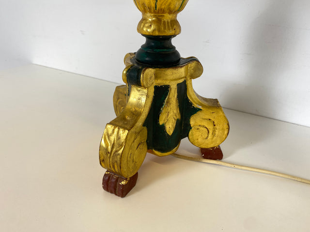 WMK Wunderschöne und gut erhaltene große Vintage Tischlampe mit grün - gold bemaltem Lampenfuß aus Holz und peppigem Lampenschirm # Leselampe Leseleuchte Licht Lampe Wohnzimmerlampe 50er 60er Vintage
