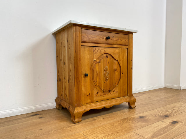 WMK # Freundliche kleine dänische antike Kommode aus vollem Holz mit Auflage aus weißem Marmor und Schublade # Marmorkommode Flurkommode Waschtisch Ablage Wickelkommode Weichholz Jugendstil Vintage