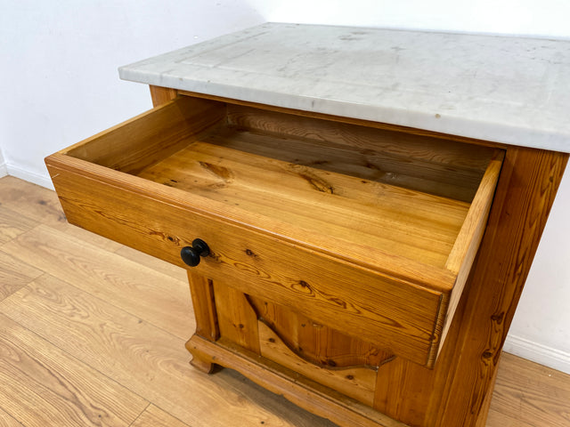 WMK # Freundliche kleine dänische antike Kommode aus vollem Holz mit Auflage aus weißem Marmor und Schublade # Marmorkommode Flurkommode Waschtisch Ablage Wickelkommode Weichholz Jugendstil Vintage