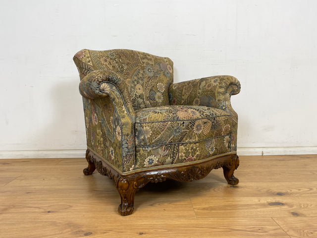 WMK Wunderschöner und gut erhaltener schwedischer 60er Jahre Sessel mit reichverziertem Holzrahmen & bequemen Federkern # Lesessessel Armchair Sitzgarnitur Rokoko Barock Chippendale Stilmöbel Vintage