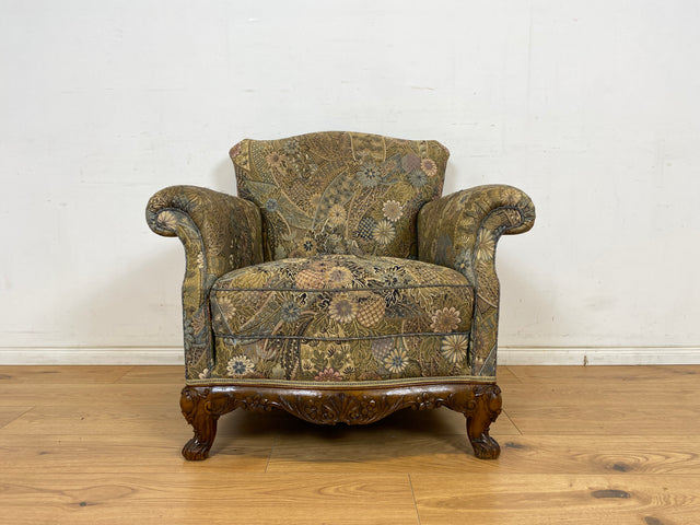 WMK Wunderschöner und gut erhaltener schwedischer 60er Jahre Sessel mit reichverziertem Holzrahmen & bequemen Federkern # Lesessessel Armchair Sitzgarnitur Rokoko Barock Chippendale Stilmöbel Vintage
