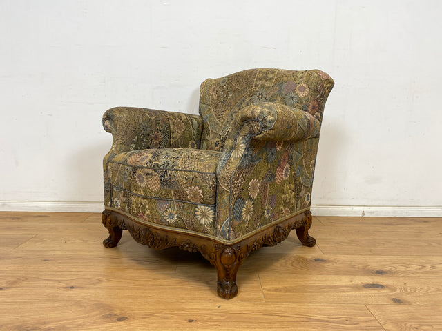 WMK Wunderschöner und gut erhaltener schwedischer 60er Jahre Sessel mit reichverziertem Holzrahmen & bequemen Federkern # Lesessessel Armchair Sitzgarnitur Rokoko Barock Chippendale Stilmöbel Vintage