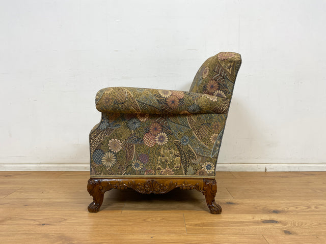 WMK Wunderschöner und gut erhaltener schwedischer 60er Jahre Sessel mit reichverziertem Holzrahmen & bequemen Federkern # Lesessessel Armchair Sitzgarnitur Rokoko Barock Chippendale Stilmöbel Vintage