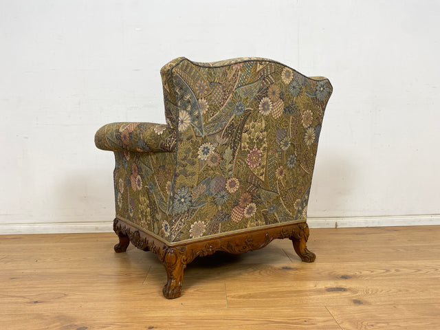 WMK Wunderschöner und gut erhaltener schwedischer 60er Jahre Sessel mit reichverziertem Holzrahmen & bequemen Federkern # Lesessessel Armchair Sitzgarnitur Rokoko Barock Chippendale Stilmöbel Vintage