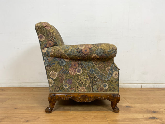 WMK Wunderschöner und gut erhaltener schwedischer 60er Jahre Sessel mit reichverziertem Holzrahmen & bequemen Federkern # Lesessessel Armchair Sitzgarnitur Rokoko Barock Chippendale Stilmöbel Vintage
