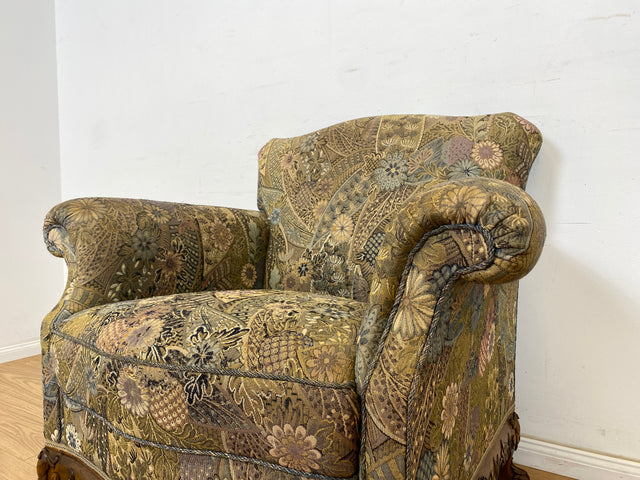 WMK Wunderschöner und gut erhaltener schwedischer 60er Jahre Sessel mit reichverziertem Holzrahmen & bequemen Federkern # Lesessessel Armchair Sitzgarnitur Rokoko Barock Chippendale Stilmöbel Vintage