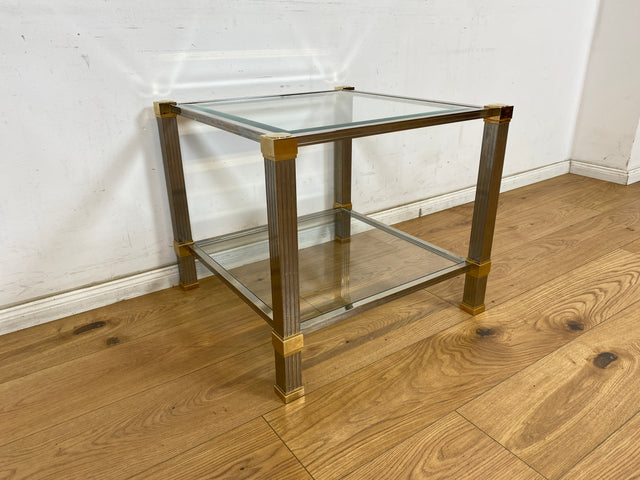 WMK Stilvoller 70er Jahre Designercouchtisch von Pierre Vandelaus Paris aus Messing & Chrom mit geschliffenem Kristallglas und Ablage # Couchtisch Wohnzimmertisch Beistelltisch Coffee Table Vintage
