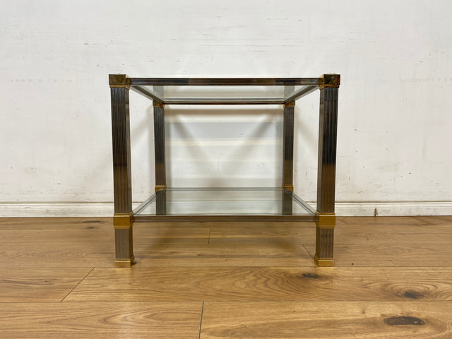 WMK Stilvoller 70er Jahre Designercouchtisch von Pierre Vandelaus Paris aus Messing & Chrom mit geschliffenem Kristallglas und Ablage # Couchtisch Wohnzimmertisch Beistelltisch Coffee Table Vintage