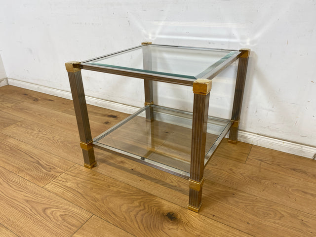 WMK Stilvoller 70er Jahre Designercouchtisch von Pierre Vandelaus Paris aus Messing & Chrom mit geschliffenem Kristallglas und Ablage # Couchtisch Wohnzimmertisch Beistelltisch Coffee Table Vintage