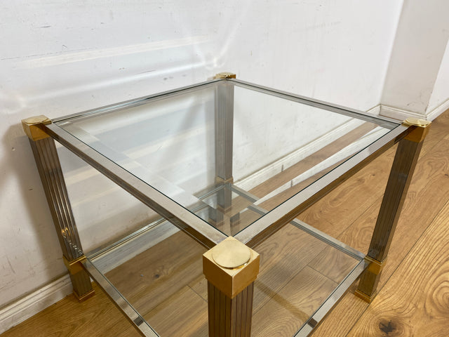 WMK Stilvoller 70er Jahre Designercouchtisch von Pierre Vandelaus Paris aus Messing & Chrom mit geschliffenem Kristallglas und Ablage # Couchtisch Wohnzimmertisch Beistelltisch Coffee Table Vintage