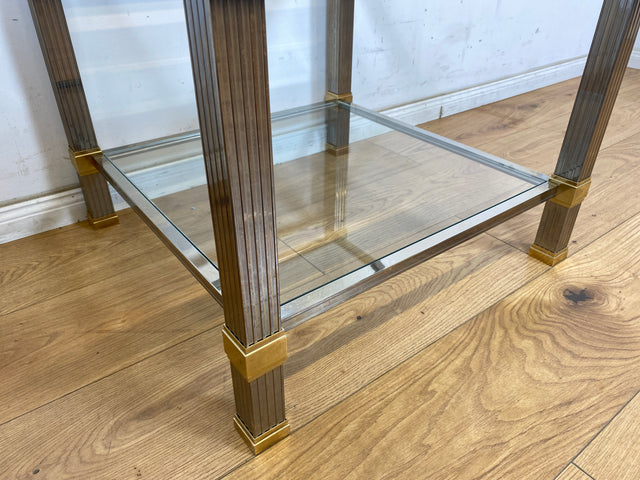 WMK Stilvoller 70er Jahre Designercouchtisch von Pierre Vandelaus Paris aus Messing & Chrom mit geschliffenem Kristallglas und Ablage # Couchtisch Wohnzimmertisch Beistelltisch Coffee Table Vintage