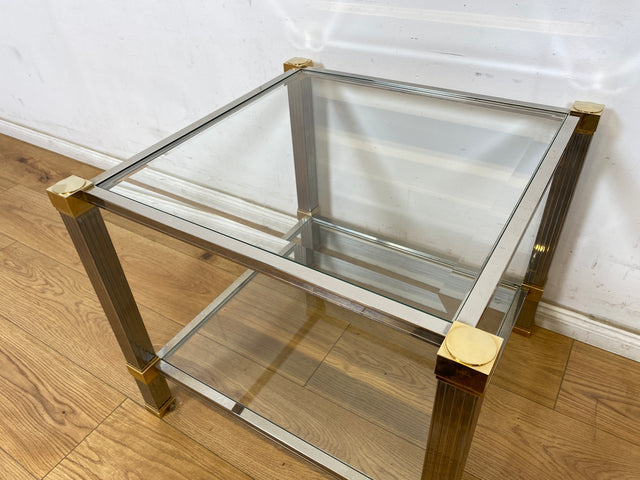 WMK Stilvoller 70er Jahre Designercouchtisch von Pierre Vandelaus Paris aus Messing & Chrom mit geschliffenem Kristallglas und Ablage # Couchtisch Wohnzimmertisch Beistelltisch Coffee Table Vintage