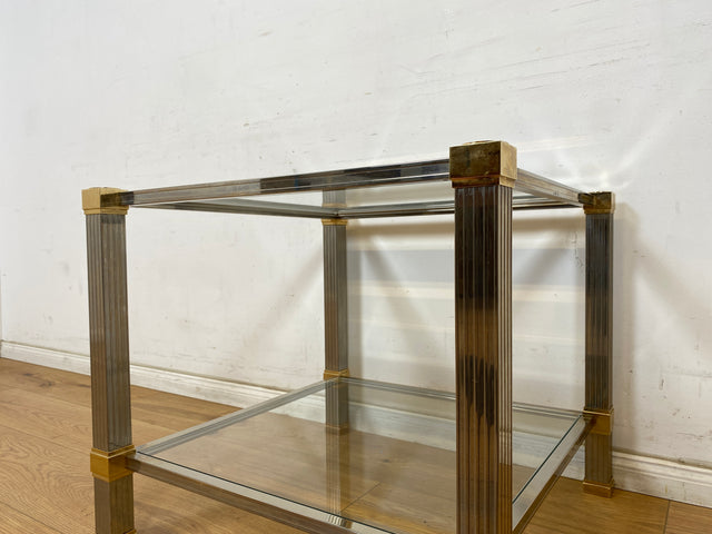 WMK Stilvoller 70er Jahre Designercouchtisch von Pierre Vandelaus Paris aus Messing & Chrom mit geschliffenem Kristallglas und Ablage # Couchtisch Wohnzimmertisch Beistelltisch Coffee Table Vintage