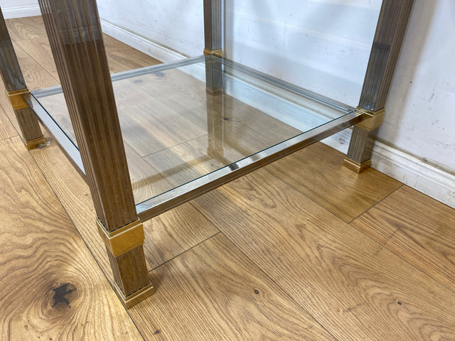WMK Stilvoller 70er Jahre Designercouchtisch von Pierre Vandelaus Paris aus Messing & Chrom mit geschliffenem Kristallglas und Ablage # Couchtisch Wohnzimmertisch Beistelltisch Coffee Table Vintage