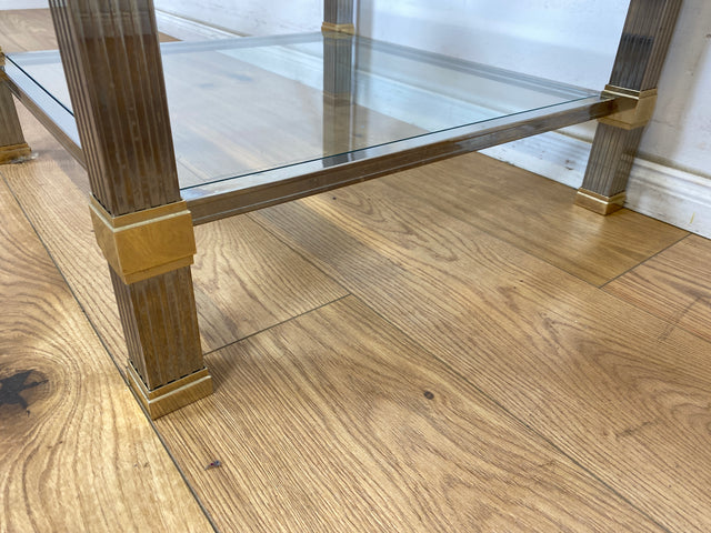 WMK Stilvoller 70er Jahre Designercouchtisch von Pierre Vandelaus Paris aus Messing & Chrom mit geschliffenem Kristallglas und Ablage # Couchtisch Wohnzimmertisch Beistelltisch Coffee Table Vintage