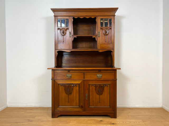 WMK I Wunderschöne Jugendstil Anrichte aus massiver Eiche mit Glastüren & Schubladen, um 1910 I Buffet Büfett Küchenanrichte Kredenz Geschirrschrank Küche Vitrine Schrank Vintage Antik Magdeburg Bonn