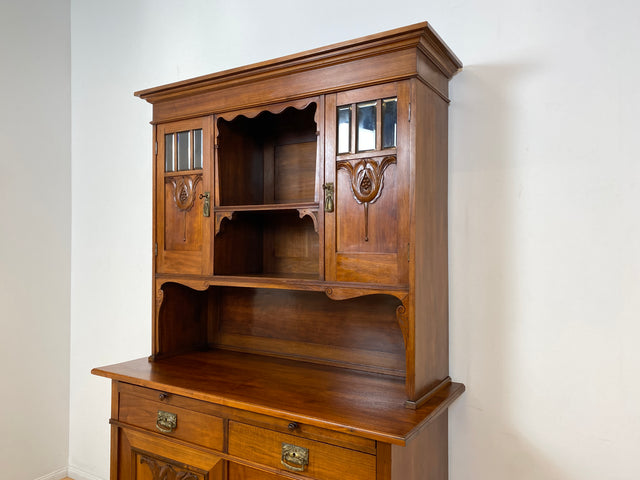 WMK I Wunderschöne Jugendstil Anrichte aus massiver Eiche mit Glastüren & Schubladen, um 1910 I Buffet Büfett Küchenanrichte Kredenz Geschirrschrank Küche Vitrine Schrank Vintage Antik Magdeburg Bonn